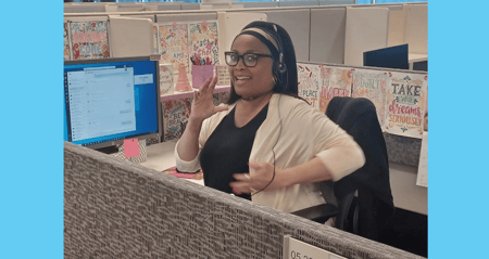 Audra at her desk